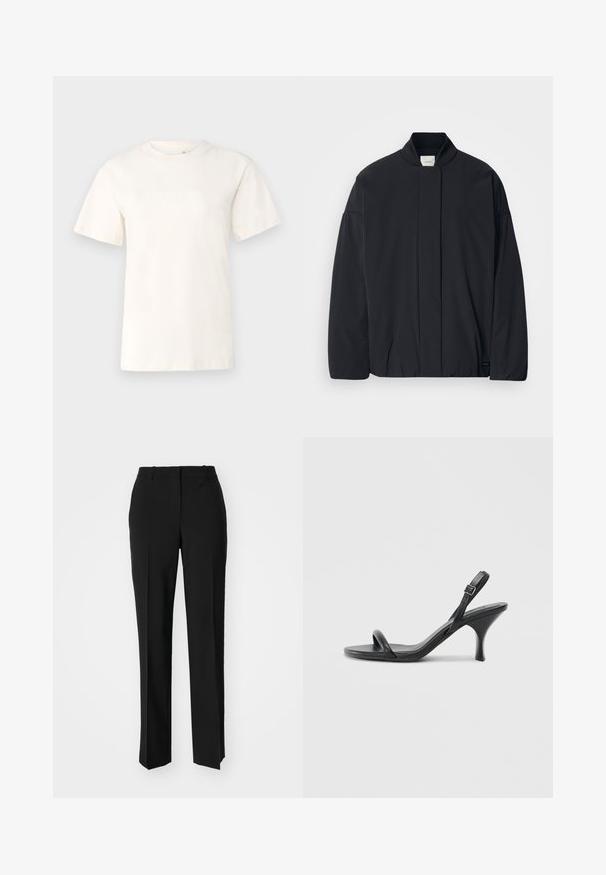 Black long-sleeve jacket with a ribbed collar, hidden front fastening, and subtle brand tag on the bottom hem, laid flat on a white background.; Calvin Klein HERO LOGO REGULAR - Print T-shirt - dew; Black tailored trousers with a straight-leg design, featuring a smooth texture and crisp creases along the front. No visible hardware.; Black leather high-heeled sandals with a slim, curved heel and a crossed strap design. Adjustable ankle strap. Smooth texture.