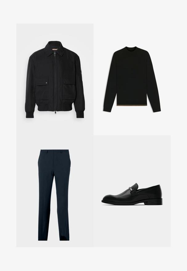 Black bomber jacket made of smooth, lightweight fabric. Features a zip front, two buttoned chest pockets, and ribbed cuffs.; Black knit sweater with long sleeves and a high neck. Features a gold accent at the hem. Smooth texture and fitted design.; Navy blue formal trousers with belt loops, front pockets, and a straight-leg cut, displayed on a plain background.; Black leather men's loafer with a metal buckle detail, low heel, and branded sole, shown from the side on a white background.