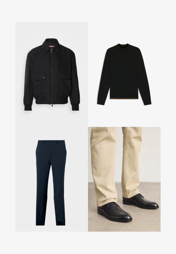 Zwarte bomberjack gemaakt van soepel, lichtgewicht materiaal. Voorzien van een ritssluiting aan de voorkant, twee knoopsluitingen op de borstzakken en geribbelde manchetten.; Zwarte gebreide trui met lange mouwen en een hoge nek. Bevat een gouden accent aan de zoom. Gladde textuur en getailleerd ontwerp.; Marineblauwe formele broek met riemlussen, voorzakken en een rechte pijp, weergegeven op een effen achtergrond.; Zwarte leren veterschoenen met een ronde neus, een gladde afwerking en subtiele stikdetails, gedragen met lichtbeige broeken.