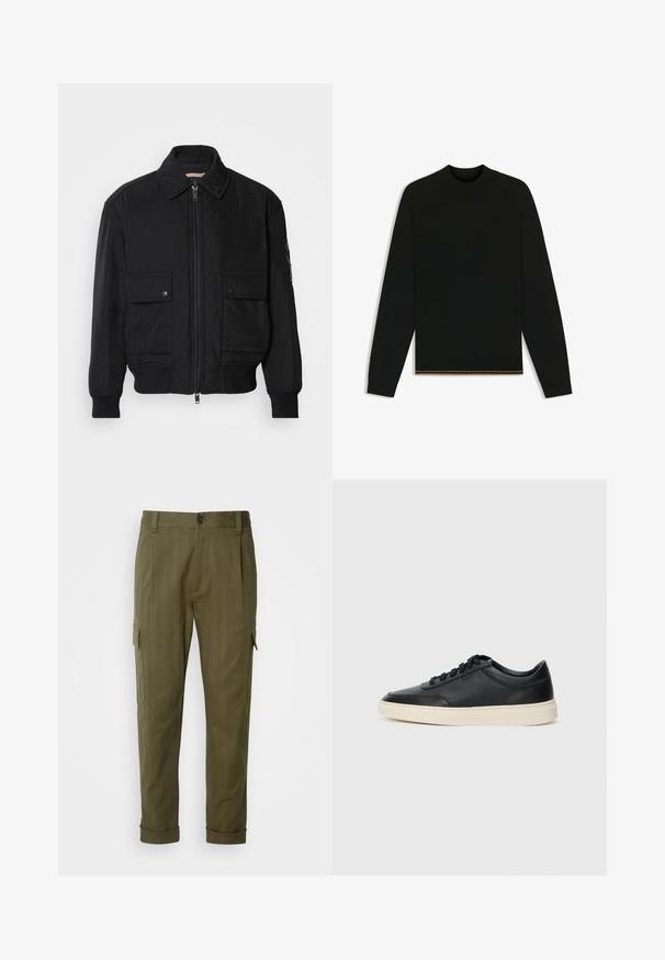 Black bomber jacket made of smooth, lightweight fabric. Features a zip front, two buttoned chest pockets, and ribbed cuffs.; Black knit sweater with long sleeves and a high neck. Features a gold accent at the hem. Smooth texture and fitted design.; BOSS PERIN - Cargo trousers - open green; Black low-top leather sneaker with black laces and off-white sole shown in side profile on white background.