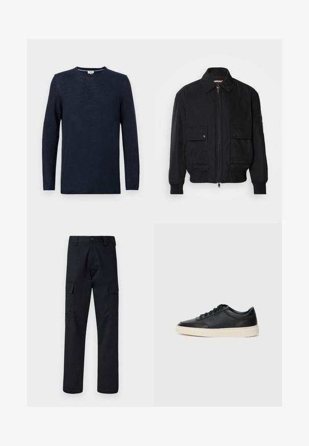 Čierna bomber bunda vyrobená z hladkej, ľahkej látky. Má zips na prednej strane, dve gombíkové vrecká na hrudi a ribbované manžety.; Námornícky modré tričko s dlhým rukávom vyrobené z ľahkej tkaniny, s okrúhlym výstrihom a hladkým povrchom, s minimálnymi detailmi šitia.; Čierne cargo nohavice vyrobené z odolnej tkaniny, s rovnými nohavicami, dvoma bočnými vreckami a zapínaním na gombík v páse.; Čierne nízkoprevádzkové kožené tenisky s čiernymi šnúrkami a krémovou podrážkou zobrazené v bočnom profile na bielom pozadí.