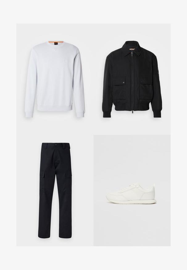 Crna bomberska jakna od glatkog, laganog materijala. Ima zatvarač sprijeda, dva gumbasta džepa na prsima i rebraste manžete.; Bijela dukserica s dugim rukavima, okruglim izrezom i suptilnom oznakom. Glatka tekstura te rebrasti manžeti i donji rub za uski izgled.; Crne cargo hlače od čvrstog materijala, s ravnim krojem, dva bočna džepa i dugmetom za zatvaranje na pojasu.; Bijela tenisica s gornjim dijelom od mrežice i sintetičkog materijala, okrugli vrh, ravne vezice i teksturirani bočni trak. Gumeni potplat s petnim trakicom.