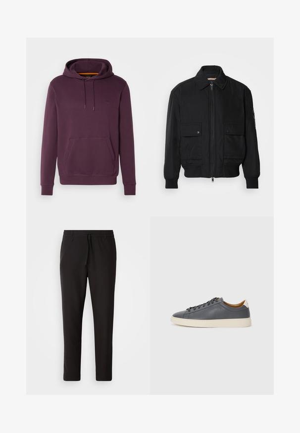 Fekete bomberdzseki sima, könnyű anyagból. Cipzáras elülső részével, két gombos mellzsebével és bordás mandzsettáival rendelkezik.; Lila kapucnis pulóver, puha pamutból készült. Elöl zseb, valamint bordás mandzsetták jellemzik. Kis logó folt található a mellkasán.; Fekete jogger nadrág sima anyagból. Rugalmas derekú, húzózsinórral, tapered lábakkal és látható zsebek nélkül készül. Egyszerű dizájn.; Szürke bőr sportcipő kerek orral, gumitalppal, lapos fűzőkkel és világos színű részletekkel a sarkán. Simás textúrával és minimalista dizájnnal rendelkezik.