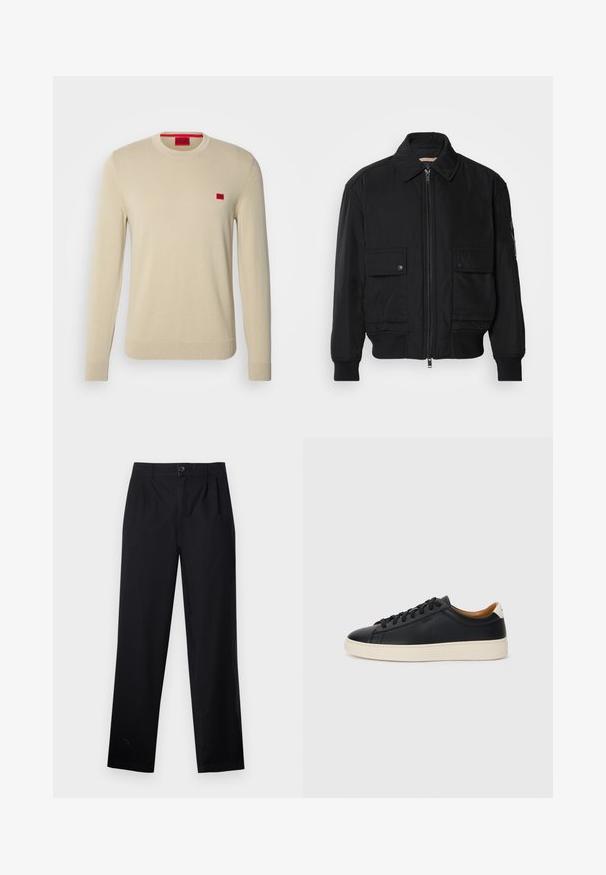 Czarna kurtka bombowiec wykonana z gładkiego, lekkiego materiału. Posiada zamek błyskawiczny z przodu, dwie kieszenie na piersi zapinane na guziki oraz ściągacze przy mankietach.; HUGO SAN CASSIUS beżowy; Czarne spodnie o prostym kroju nogawki, z paskami na pasek, zapięciem na guzik i dwoma zaszewkami z boku, które dodają faktury.; Czarne skórzane trampki o gładkiej fakturze, jasnobrązowa gumowa podeszwa, sznurowana konstrukcja i kontrastujący akcent na pięcie.