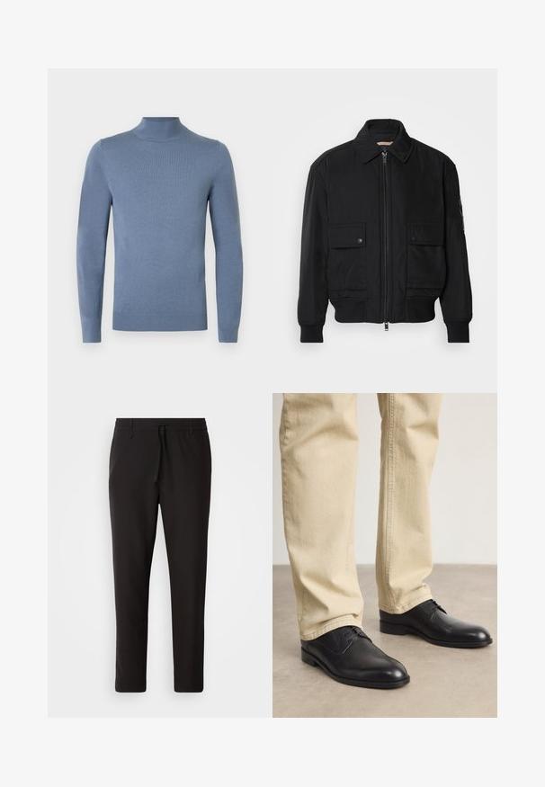 Jaqueta bomber preta feita de um tecido liso e leve. Apresenta um fecho zip à frente, dois bolsos no peito com botão e punhos canelados.; Camisola de gola alta azul clara feita de tecido de malha, com mangas compridas, gola e barra caneladas. Design simples sem padrões visíveis.; Calças de jogging pretas feitas de tecido liso. Apresentam uma cintura elástica com cordão, pernas ligeiramente ajustadas e sem bolsos visíveis. Design simples.; Sapatos pretos de couro com atacadores, com bico arredondado, acabamento suave e detalhes de costura subtis, usados com calças bege claras.