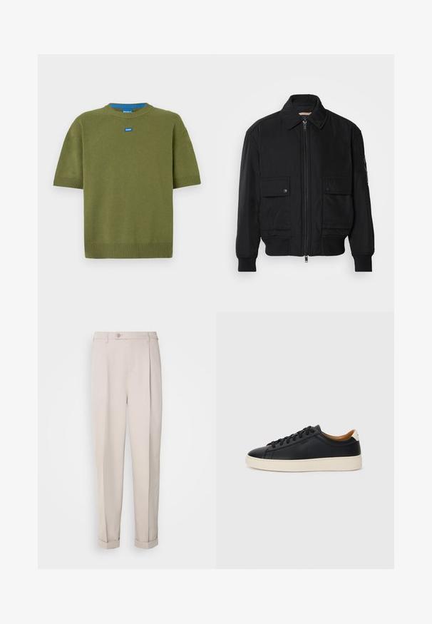 Černá bomber bunda vyrobená z hladkého, lehkého materiálu. Má zipový přední díl, dvě kapsy na hrudi s knoflíky a vroubkované manžety.; Olivově zelený pletený svetr s krátkým rukávem a kulatým výstřihem, s žebrovanými okraji a modrou nášivkou na hrudi. Měkká textura, uvolněný střih.; Béžové kalhoty z hladkého materiálu, s rovný střih, jednou plisovanou přední částí a ohrnutými manžetami. Obsahují přední zapínání na knoflík.; Černé kožené tenisky s hladkým povrchem, béžovou gumovou podešví, šněrovacím designem a kontrastním akcentem na patě.