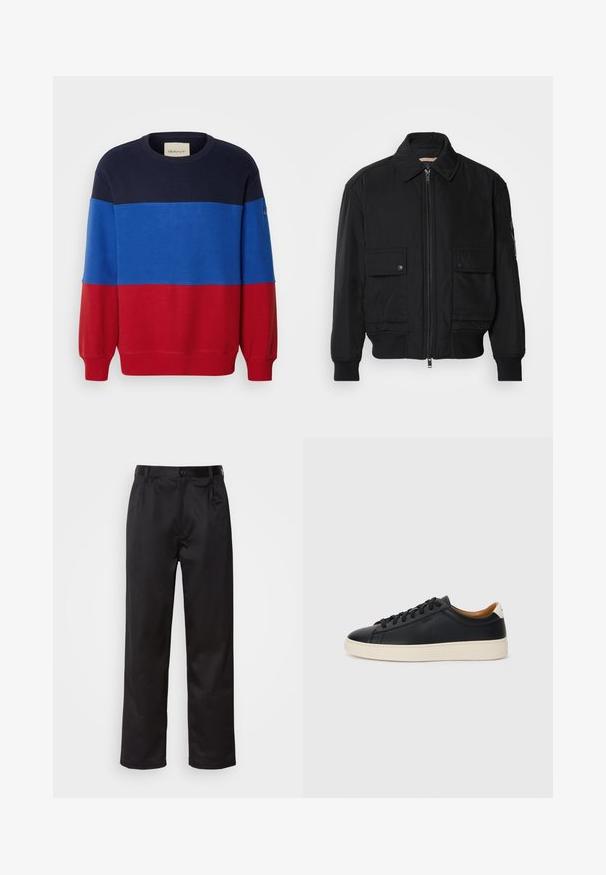 Must mustrakk musth kergestikuti kergemest kuduklett, kergete vestid valjase tormakate. Omab fasadi lukkumist, kahte nööbül pulsiv кофейня ning ribitud käiseid.; Värviblokeeritud sweatshirt, millel on erk sinine, laevastiku sinine ja punane osa. Valmistatud puuvillast, ribatüüpi kaeluse ja mansettidega. GANT brändimist käsivarrel.; Mustadest siledast kangast pükstest, millel on ees nupu sulgemine, voldid ja sirged sääred. Ei mingeid nähtavaid mustreid ega aktsente.; Mustad nahast tennised sujuva pindadega, beež kummist tallaga, paelaga kinnitamine ja kontrastse kanna aktsendiga.