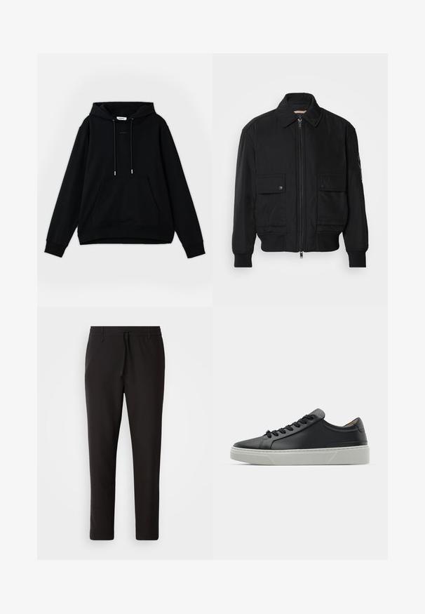 Černá bomber bunda vyrobená z hladkého, lehkého materiálu. Má zipový přední díl, dvě kapsy na hrudi s knoflíky a vroubkované manžety.; Černá mikina s kapucí vyrobená z bavlny. Obsahuje přední kapsu, nastavitelnou šňůrku, elastické manžety a volný střih. Logo s textem na hrudi.; Černé teplákové kalhoty vyrobené z hladké látky. Mají elastický pas se šňůrkou, zúžené nohavice a žádné viditelné kapsy. Jednoduchý design.; Černé kožené tenisky s hladkým povrchem, kulatou špičkou a černými šňůrkami. Disponují silnou bílou gumovou podrážkou s jemnými geometrickými akcenty.