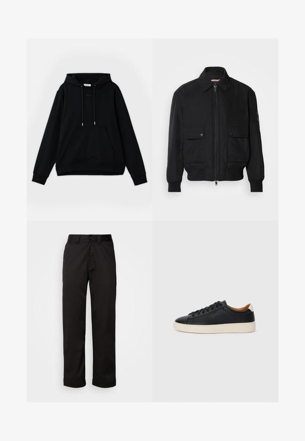Melnā bomber jaka, izgatavota no gludas, vieglas auduma. Ar rāvējslēdzēju priekšā, diviem pogājamiem krūšu kabatām un ribotām piedurknēm.; Melnā kokvilnas kapuce. Iespējas: priekšējā kabata, regulējami aukliņu siksnas, ribotas aproces un brīva piegriezuma. Teksta logo uz krūtīm.; Melnas bikses, izgatavotas no gluda auduma, ar rāvējslēdzēju, pogu aizdari un sarullētām piedurknēm ikdienejai apģērbam.; Melni ādas sporta apavi ar gludu tekstūru, bēša krāsas gumijas zole, auklu aizdare un kontrastējošs papēža akcents.