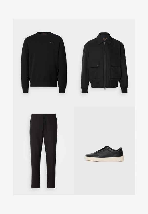 Fekete bomberdzseki sima, könnyű anyagból. Cipzáras elülső részével, két gombos mellzsebével és bordás mandzsettáival rendelkezik.; Fekete pamut pulóver, kerek nyakkal, hosszú ujjal, bordás mandzsettával és szegéllyel, a mellkasán egy kis fehér "BELSTAFF" logóval.; Fekete jogger nadrág sima anyagból. Rugalmas derekú, húzózsinórral, tapered lábakkal és látható zsebek nélkül készül. Egyszerű dizájn.; Fekete, alacsony szárú bőrsneaker fekete fűzőkkel és törtfehér talppal, oldalnézetben, fehér háttér előtt.