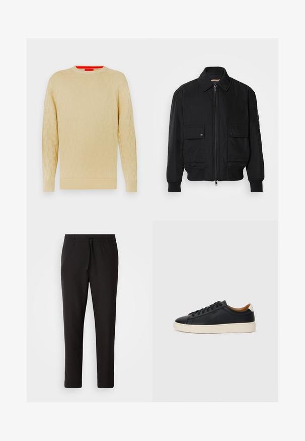 Černá bomber bunda vyrobená z hladkého, lehkého materiálu. Má zipový přední díl, dvě kapsy na hrudi s knoflíky a vroubkované manžety.; Krémový svetr s texturovaným vzorem, kulatým výstřihem a vroubkovanými manžetami. Obsahuje jemný vzor loga po celém povrchu.; Černé teplákové kalhoty vyrobené z hladké látky. Mají elastický pas se šňůrkou, zúžené nohavice a žádné viditelné kapsy. Jednoduchý design.; Černé kožené tenisky s hladkým povrchem, béžovou gumovou podešví, šněrovacím designem a kontrastním akcentem na patě.
