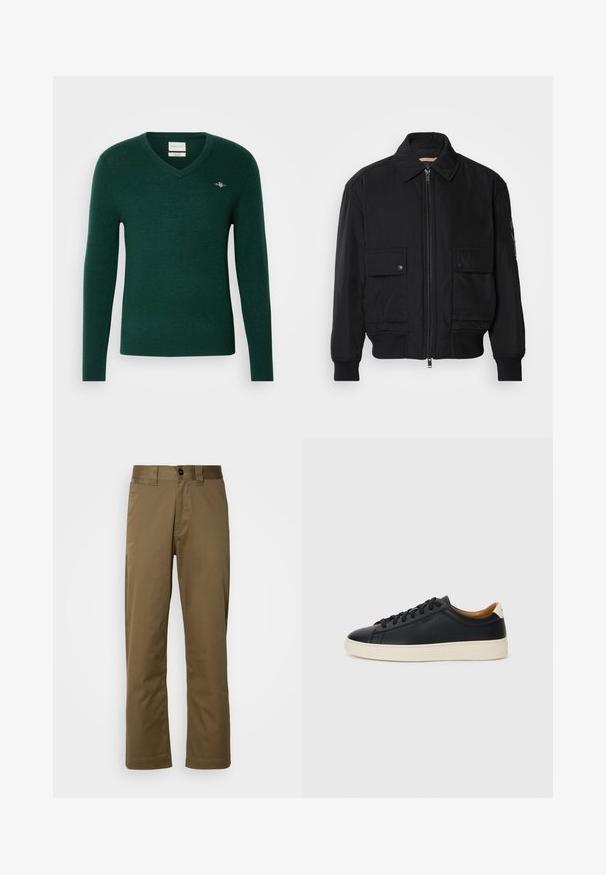 Jachetă bomber neagră, fabricată dintr-un material neted și ușor. Dispune de un fermoar frontal, două buzunare cu nasturi pe piept și manșete ribbrate.; Pulover cu guler în V de culoare verde închis, realizat dintr-un material moale. Design ajustat, cu mâneci lungi și un mic logo brodat pe piept.; Pantaloni drept, maro, realizati din tesatura tesuta. Au inchidere cu nasture, buzunare laterale si o textura neteda. Croiala ajustata.; Căști din piele neagră cu o textură netedă, talpă din cauciuc bej, design cu șireturi și un accent contrastant la călcâi.