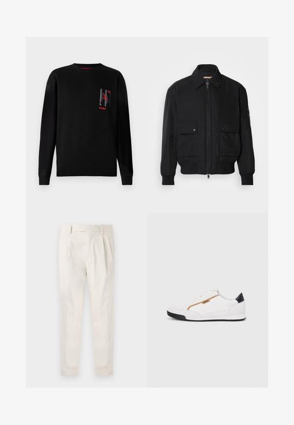 Melnā bomber jaka, izgatavota no gludas, vieglas auduma. Ar rāvējslēdzēju priekšā, diviem pogājamiem krūšu kabatām un ribotām piedurknēm.; Melna kokvilnas pelēkā svīkā ar garām piedurknēm, kurai ir grafiskais dizains pelēkā un sarkanā krāsā kreisajā krūtīs, kā arī ribota apkakle un apakšmalā.; Baltas, pleitēts bikses ar piegriezumu, kas pielāgots figūrai, ar gludu tekstūru, jostas cilpām un sašaurinātiem galiem. Nav redzamu kabatu vai rakstu.; Baltijas krāsā baltas sporta kurpes ar acu un ādas akcentiem. Iezīmējas ar zelta "BOSS" logo, teksturētām sānu paneļiem un melnu papēža kapu. Gumijas zole.