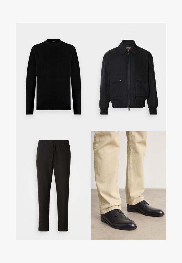 Black bomber jacket made of smooth, lightweight fabric. Features a zip front, two buttoned chest pockets, and ribbed cuffs.; Black long-sleeve crew neck sweater with a simple, solid design and a small brand label inside the collar.; Black jogger pants made of smooth fabric. Feature an elastic waistband with a drawstring, tapered legs, and no visible pockets. Simple design.; Black leather lace-up shoes with a rounded toe, smooth finish, and subtle stitching details, worn with light beige pants.