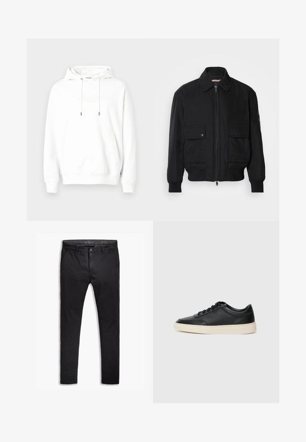 Crna bomberska jakna od glatkog, laganog materijala. Ima zatvarač sprijeda, dva gumbasta džepa na prsima i rebraste manžete.; Bijela dukserica s kapuljačom od mekanog materijala, s prednjim džepom na preklop, kapuljačom s vezicama i utisnutim logotipom na prsima. Jednostavan dizajn.; Crne pamučne chinos hlače s taper fit krojem, koje imaju pet džepova, petlje za pojas i glatku teksturu. Rajfski zatvarač s kopčom na dugme.; Crne niske kožne tenisice s crnim vezicama i kremasto bijelom potplatom prikazane u bočnom profilu na bijeloj pozadini.