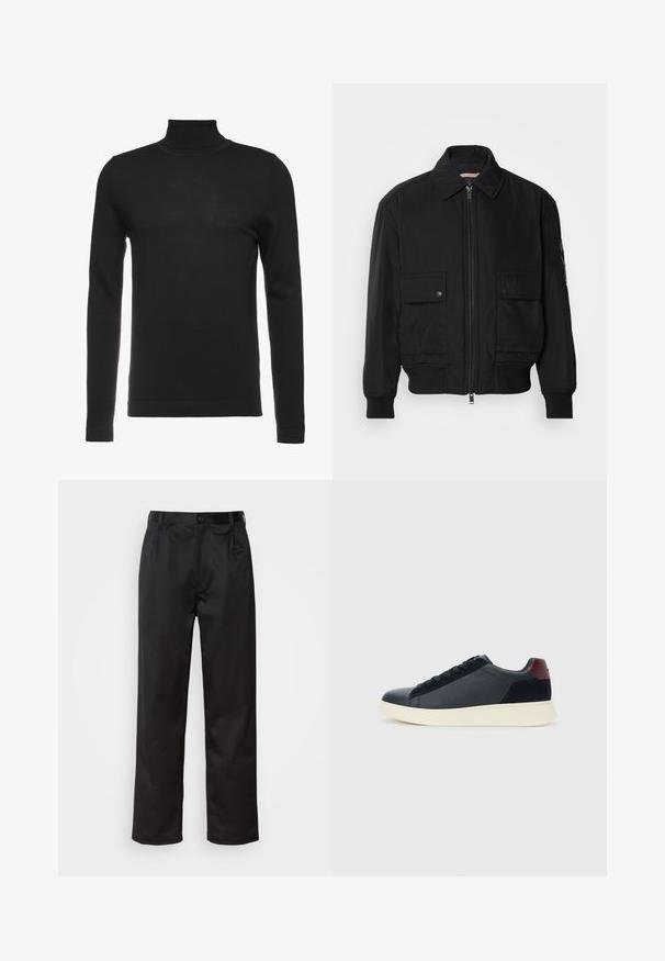 Crna bomberska jakna od glatkog, laganog materijala. Ima zatvarač sprijeda, dva gumbasta džepa na prsima i rebraste manžete.; Crna rolka od mekog, rebrastog materijala. Prilagođen dizajn s dugim rukavima i visokim izrezom. Minimalistički stil, bez vidljivih uzoraka.; Crne hlače od glatkog materijala, s prednjim zatvaranjem na dugme, pregibima i ravnim nogavicama. Nema vidljivih uzoraka ili akcenta.; Niske muške tenisice od crne kože i antilopa s bordo petnom oznakom i bijelim gumenim potplatom, prikazane s vanjske strane.