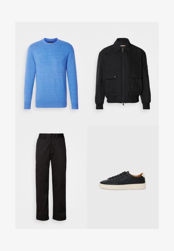 Fekete bomberdzseki sima, könnyű anyagból. Cipzáras elülső részével, két gombos mellzsebével és bordás mandzsettáival rendelkezik.; Kék kötött pulóver hosszú ujjakkal, kerek nyakkivágással, bordás mandzsettával és aljjal. Puha tapintású, egyenletes színű, a belső nyaknál címkével ellátva.; Fekete nadrág sima anyagból, cipzáros és gombos záródással, valamint feltekert szegésekkel a laza dizájn érdekében.; Fekete bőr sportcipők sima felülettel, bézs gumitalppal, fűzős dizájnnal és kontrasztos sarkú akcentussal.
