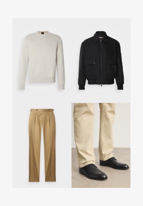 Jachetă bomber neagră, fabricată dintr-un material neted și ușor. Dispune de un fermoar frontal, două buzunare cu nasturi pe piept și manșete ribbrate.; Pulover tricotat de culoare bej deschis, cu mâneci lungi, guler rotund, tiv ribat și manșete ribate, având un mic logo rectangular pe piept.; Pantaloni bej cu croială dreaptă, având pliuri, închidere cu nasture și căptușeală pentru curea. Țesătură netedă cu un aspect curat și croială impecabilă.; Pantofi din piele neagră, cu șireturi, vârf rotund, finisaj neted și detalii de broderie subtile, purtați cu pantaloni bej deschis.