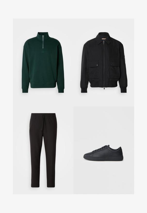 Must mustrakk musth kergestikuti kergemest kuduklett, kergete vestid valjase tormakate. Omab fasadi lukkumist, kahte nööbül pulsiv кофейня ning ribitud käiseid.; Tume roheline pusakas, millel on kõrge krae, pool-kinnitus ja ribikaartega varrukad. Rinna peal on diskreetne "HUGO" logo.; Mustad jogger-püksid, mis on valmistatud siledast kangast. Omavad elastset pihaotsikut koos paelaga, kitsenevaid jalaosi ja nähtamatuid taskuid. Lihtne disain.; Mustad mustad mustad paelaga, ümmarguse ninaga ja tasase kummist tallaga madala lõikega mustad nahkjalatsid. Omab paelu ja peent brändingut.