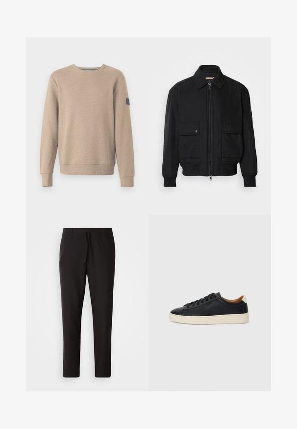 Sort bomberjakke lavet af glat, letvægtsstof. Har lynlås foran, to knap-lukkede brystlommer og ribbede manchetter.; TOM TAILOR STRUCTURED CREW NECK - Sweatshirt - palm cashmere structure; Sorte joggebukser lavet af glat stof. Har en elastisk talje med snor, tætsiddende ben og ingen synlige lommer. Enkel design.; Sorte lædersneakers med en glat overflade, beige gummisål, snørebåndsdesign og en kontrastfarvet hæl.