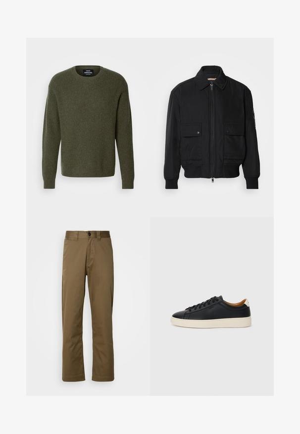 Must mustrakk musth kergestikuti kergemest kuduklett, kergete vestid valjase tormakate. Omab fasadi lukkumist, kahte nööbül pulsiv кофейня ning ribitud käiseid.; Olivroheline kootud kampsun ribakujundusega, ümar kaelus ja pikad varrukad. Minimalistlik disain ilma nähtavate mustrite või kaunistusteta.; Pruunid sirged püksid, mis on valmistatud kudumiskangast. Omavad nööpide sulgemist, külgtaskuid ja siledat tekstuuri. Täpselt sobiv lõige.; Mustad nahast tennised sujuva pindadega, beež kummist tallaga, paelaga kinnitamine ja kontrastse kanna aktsendiga.