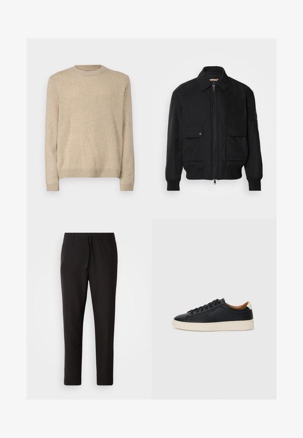 Black bomber jacket made of smooth, lightweight fabric. Features a zip front, two buttoned chest pockets, and ribbed cuffs.; Beige wool sweater with long sleeves, round neck, and ribbed cuffs and hem. Soft texture and classic fit without embellishments.; Black jogger pants made of smooth fabric. Feature an elastic waistband with a drawstring, tapered legs, and no visible pockets. Simple design.; Black leather sneakers with a smooth texture, beige rubber sole, lace-up design, and a contrasting heel accent.