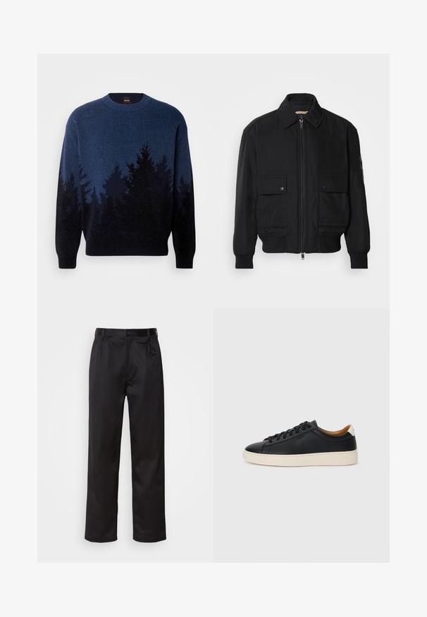 Schwarze Bomberjacke aus glattem, leichtem Stoff. Mit einem Reißverschluss vorne, zwei aufknöpfbaren Brusttaschen und gerippten Bündchen.; BOSS KEVEREST - Strickpullover - open blue; Schwarze Hosen aus glattem Stoff, mit einem Knopfverschluss vorne, Falten und geraden Beinen. Keine sichtbaren Muster oder Akzente.; Schwarze Ledersneaker mit glatter Textur, beiger Gummisohle, Schnürdesign und einem kontrastierenden Fersenakzent.