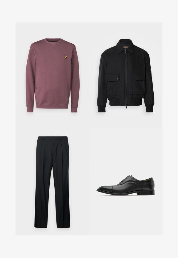 Giacca bomber nera realizzata in tessuto morbido e leggero. Caratterizzata da una chiusura con zip frontale, due tasche sul petto con bottone e polsini a costine.; Lyle & Scott Felpa - highland mauve; Pantaloni neri eleganti con pieghe, realizzati in tessuto liscio. Presentano una vestibilità dritta, cintura con passanti e senza tasche. Design semplice.; Scarpa da uomo in pelle nera con texture liscia, punta arrotondata e cinque occhielli. Presenta un tacco basso impilato e dettagli di cucitura sottili.