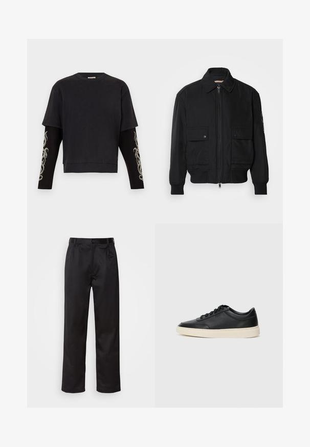 Melnā bomber jaka, izgatavota no gludas, vieglas auduma. Ar rāvējslēdzēju priekšā, diviem pogājamiem krūšu kabatām un ribotām piedurknēm.; Melnā īsā piedurkņu krekls ar garām melnām piedurknēm, kas rotātas ar pelēkiem ciltstēvu izstrādājumiem. Izgatavots no mīksta auduma ar brīvu piegriezumu un apaļu kakla izgriezumu.; Melnas bikses, kas izgatavotas no gludas auduma, ar priekšējo pogu aizdari, krokām un taisnām kājām. Nav redzamu rakstu vai akcentu.; Melnas zemas ādas sporta kurpes ar melnām auklām un off-white zoli, rādītas no sānu profila uz baltā fona.