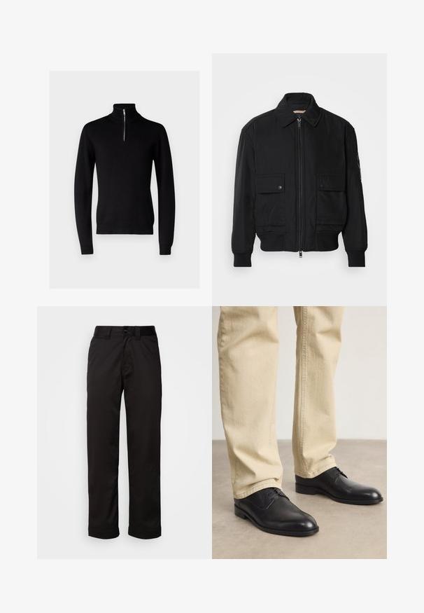 Schwarze Bomberjacke aus glattem, leichtem Stoff. Mit einem Reißverschluss vorne, zwei aufknöpfbaren Brusttaschen und gerippten Bündchen.; Bruuns Bazaar SIMONBBNOVEL KNIT - Strickpullover - black; Schwarze Hose aus glattem Stoff, mit Reißverschluss, Knopfverschluss und umgeschlagenen Säumen für ein lässiges Design.; Schwarze Leder Schnürschuhe mit runder Zehenform, glatter Oberfläche und dezenten Nähdetails, getragen mit hellbeigen Hosen.