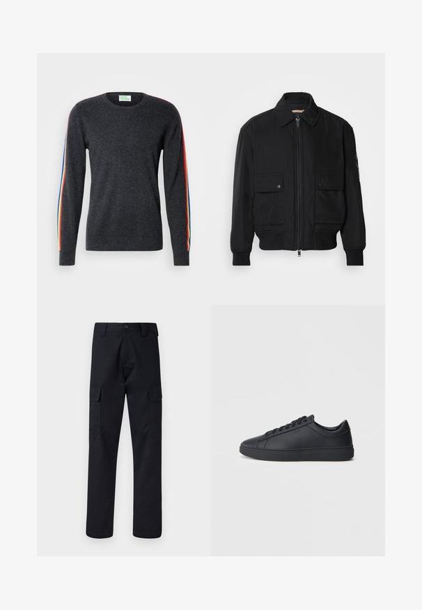 Črna bomberska jakna iz gladkega, lahkega materiala. Ima zadrgo spredaj, dva žepa na prsih s preklopom in rebraste manšete.; Temno sivi pulover z dolgimi rokavi, ki ima mavrične črte ob ramah. Narejen iz mehkega materiala z okroglo ovratnikom.; Črne cargo hlače iz trpežnega blaga, z ravnim krojem, dvema stranskima žepoma in gumbom za zapiranje na pasu.; Črne superge iz gladkega usnja z nizkim dizajnom, okroglo konico in ravnim gumijastim podplatom. Imajo vezalke in subtilno blagovno znamko.