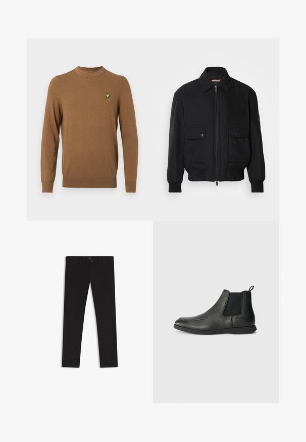 Black bomber jacket made of smooth, lightweight fabric. Features a zip front, two buttoned chest pockets, and ribbed cuffs.; Brown knitted sweater with long sleeves, round neckline, and a small yellow logo on the chest. Soft texture and classic fit.; Black trousers made of fabric with a smooth texture. Features a button closure, belt loops, and side pockets. Standard straight-leg design.; Black leather ankle boots with a smooth texture, elastic side panels, and a pull tab at the back. Rounded toe and rubber sole.