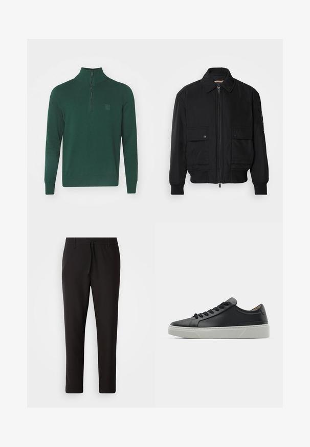 Črna bomberska jakna iz gladkega, lahkega materiala. Ima zadrgo spredaj, dva žepa na prsih s preklopom in rebraste manšete.; Zeleni pleteni pulover z visokim ovratnikom in zadrgo do četrtine dolžine. Ima rebraste manšete in rob ter majhen logotip na prsih.; Črne jogger hlače iz gladkega blaga. Imajo elastičen pas z vrvico, zožane hlačnice in brez vidnih žepov. Enostaven dizajn.; Črne usnjene teniske z gladko teksturo, okroglo konico in črnimi vezalkami. Imajo debel bel gumijast podplat s subtilnimi geometrijskimi poudarki.