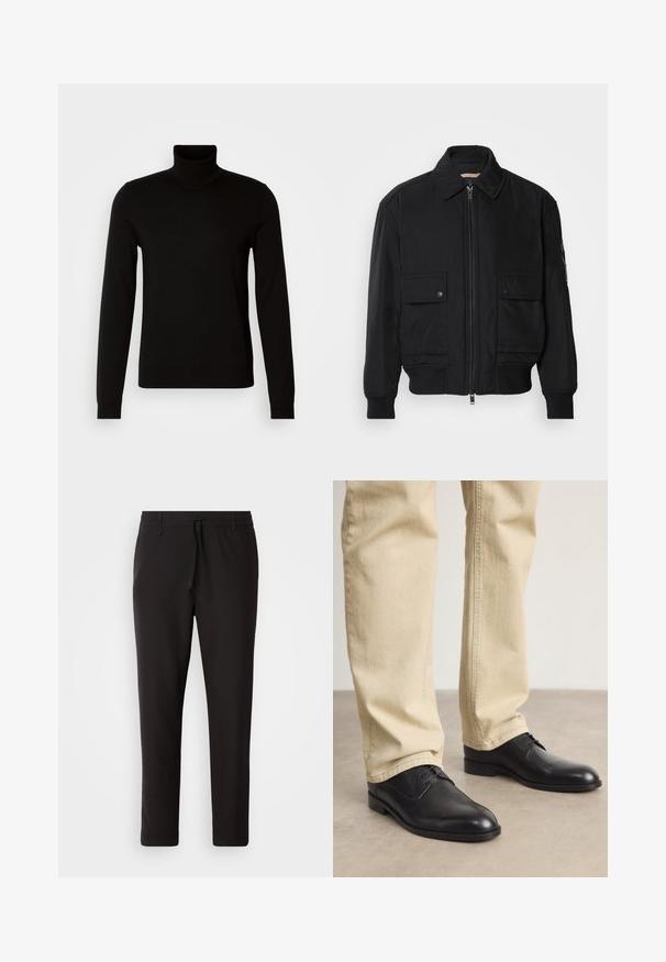 Jachetă bomber neagră, fabricată dintr-un material neted și ușor. Dispune de un fermoar frontal, două buzunare cu nasturi pe piept și manșete ribbrate.; Pulover negru cu guler înalt, fabricat dintr-un material tricotat fin, având mâneci lungi și o siluetă ajustată. Textură netedă cu manșete ribbate.; Pantaloni de jogging negri, confecționați dintr-un material neted. Prezintă un talie elastică cu șnur, picioare conice și fără buzunare vizibile. Design simplu.; Pantofi din piele neagră, cu șireturi, vârf rotund, finisaj neted și detalii de broderie subtile, purtați cu pantaloni bej deschis.
