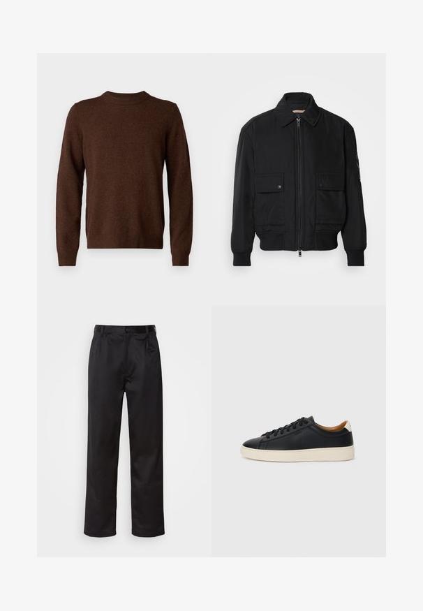 Jachetă bomber neagră, fabricată dintr-un material neted și ușor. Dispune de un fermoar frontal, două buzunare cu nasturi pe piept și manșete ribbrate.; Samsøe Samsøe ISAK SWEATER - Pulover - chocolate torte; Pantaloni negri dintr-un material neted, cu închidere prin nasture frontal, pliseuri și picioare drepte. Fără modele sau accente vizibile.; Căști din piele neagră cu o textură netedă, talpă din cauciuc bej, design cu șireturi și un accent contrastant la călcâi.