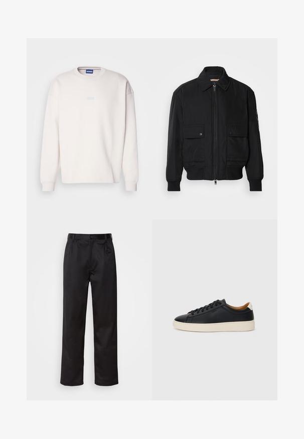 Giacca bomber nera realizzata in tessuto morbido e leggero. Caratterizzata da una chiusura con zip frontale, due tasche sul petto con bottone e polsini a costine.; Felpa leggera color crema realizzata in morbido cotone, con collo a giro e spalle scese. Presenta un logo blu "HUGO" sul davanti.; Pantaloni neri realizzati in tessuto morbido, con chiusura frontale a bottone, pieghe e gambe dritte. Nessun motivo o accento visibile.; Sneakers in pelle nera con una texture liscia, suola in gomma beige, design con lacci e un accento del tacco in contrasto.