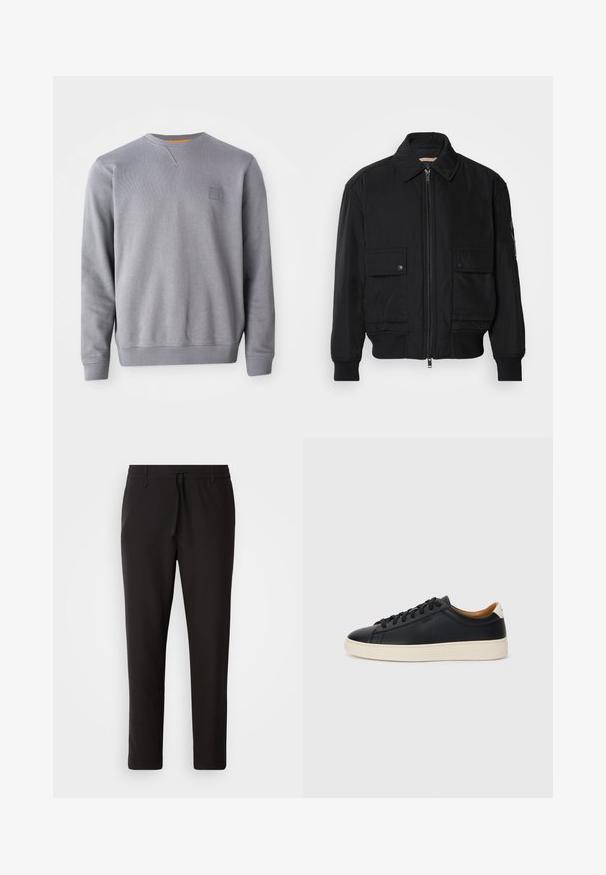 Jachetă bomber neagră, fabricată dintr-un material neted și ușor. Dispune de un fermoar frontal, două buzunare cu nasturi pe piept și manșete ribbrate.; Puls la gri, cu gât rotund, confecționat dintr-un material moale. Prezintă manșete și tiv ribbate, precum și un mic logo pe piept. Textură netedă.; Pantaloni de jogging negri, confecționați dintr-un material neted. Prezintă un talie elastică cu șnur, picioare conice și fără buzunare vizibile. Design simplu.; Căști din piele neagră cu o textură netedă, talpă din cauciuc bej, design cu șireturi și un accent contrastant la călcâi.