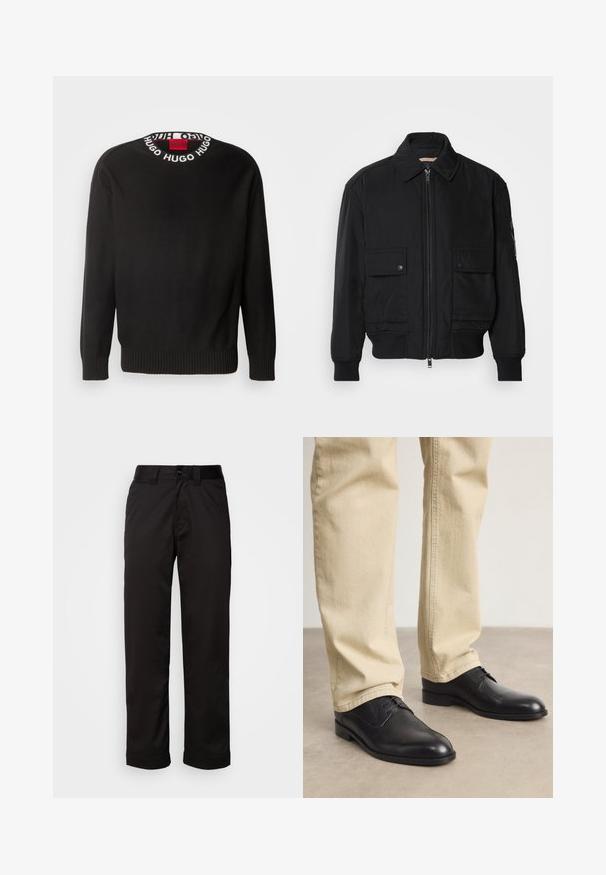 Schwarze Bomberjacke aus glattem, leichtem Stoff. Mit einem Reißverschluss vorne, zwei aufknöpfbaren Brusttaschen und gerippten Bündchen.; HUGO SMARLO - Strickpullover - black; Schwarze Hose aus glattem Stoff, mit Reißverschluss, Knopfverschluss und umgeschlagenen Säumen für ein lässiges Design.; Schwarze Leder Schnürschuhe mit runder Zehenform, glatter Oberfläche und dezenten Nähdetails, getragen mit hellbeigen Hosen.