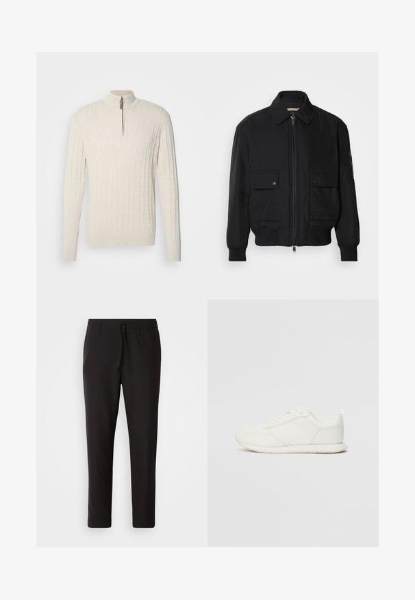 Μαύρο μπουφάν bomber φτιαγμένο από μαλακό, ελαφρύ ύφασμα. Διαθέτει φερμουάρ μπροστά, δύο τσέπες με κουμπιά στο στήθος και ριμπ μανσέτες.; Lindbergh ZIP CABLE - Πουλόβερ - ecru melange; Μαύρο παντελόνι τζόγκινγκ φτιαγμένο από λείο ύφασμα. Διαθέτει ελαστική μέση με κορδόνι, κωνικά πόδια και χωρίς ορατές τσέπες. Απλός σχεδιασμός.; Λευκό αθλητικό παπούτσι με επάνω μέρος από πλέγμα και συνθετικό υλικό, στρογγυλή μύτη, επίπεδους κορδόνια και υφή στη λωρίδα στο πλάι. Καουτσούκ σόλα με λαβή στο πίσω μέρος.