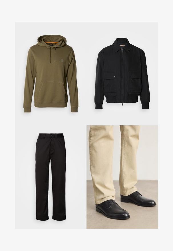 Chaqueta bomber negra de tejido suave y ligero. Cuenta con cierre de cremallera en la parte delantera, dos bolsillos en el pecho con botón y puños acanalados.; Sudadera color verde olivo hecha de una tela suave, con un bolsillo frontal, capucha ajustable con cordón y un discreto parche de logo en el pecho.; Pantalones negros de tela suave, con cremallera, cierre de botón y puños enrollados para un diseño casual.; Zapatos de cuero negro con cordones, puntera redondeada, acabado suave y sutiles detalles de costura, combinados con pantalones de color beige claro.