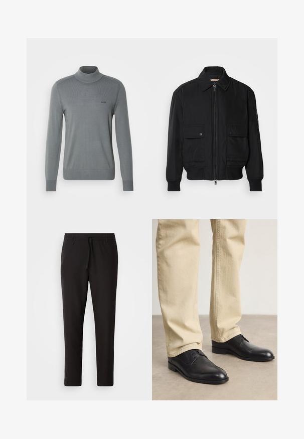 Black bomber jacket made of smooth, lightweight fabric. Features a zip front, two buttoned chest pockets, and ribbed cuffs.; Gray sweater featuring a ribbed turtleneck, long sleeves, and a fitted hem. Minimalistic design with a small black logo on the chest.; Black jogger pants made of smooth fabric. Feature an elastic waistband with a drawstring, tapered legs, and no visible pockets. Simple design.; Black leather lace-up shoes with a rounded toe, smooth finish, and subtle stitching details, worn with light beige pants.