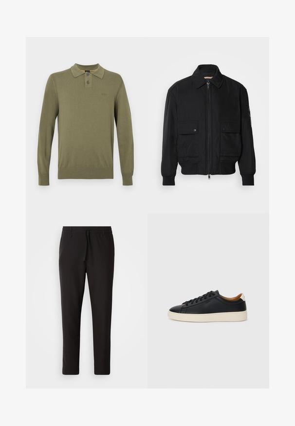 Černá bomber bunda vyrobená z hladkého, lehkého materiálu. Má zipový přední díl, dvě kapsy na hrudi s knoflíky a vroubkované manžety.; Olivově zelená dlouhá polokošile z hladkého materiálu, s klasickým límečkem, dvoubotkovou légou a žebrovanými manžetami a lemem.; Černé teplákové kalhoty vyrobené z hladké látky. Mají elastický pas se šňůrkou, zúžené nohavice a žádné viditelné kapsy. Jednoduchý design.; Černé kožené tenisky s hladkým povrchem, béžovou gumovou podešví, šněrovacím designem a kontrastním akcentem na patě.