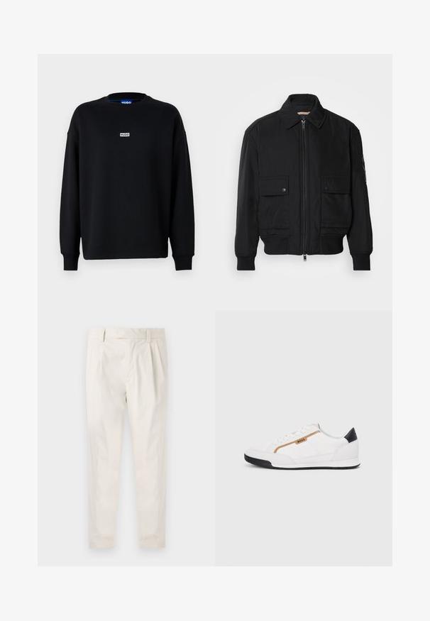 Černá bomber bunda vyrobená z hladkého, lehkého materiálu. Má zipový přední díl, dvě kapsy na hrudi s knoflíky a vroubkované manžety.; Černá mikina vyrobená z bavlněné směsi, s dlouhými rukávy, kulatým výstřihem a malou bílou nášivkou s logem na hrudi.; Bílé, plisované kalhoty s upraveným střihem, které mají hladkou texturu, poutka na opasek a zúžené nohavice. Bez viditelných kapes nebo vzorů.; Bílé sportovní boty s akcenty z meshe a kůže. Mají zlaté logo "BOSS", texturované boční panely a černý podpatek. Gumová podrážka.