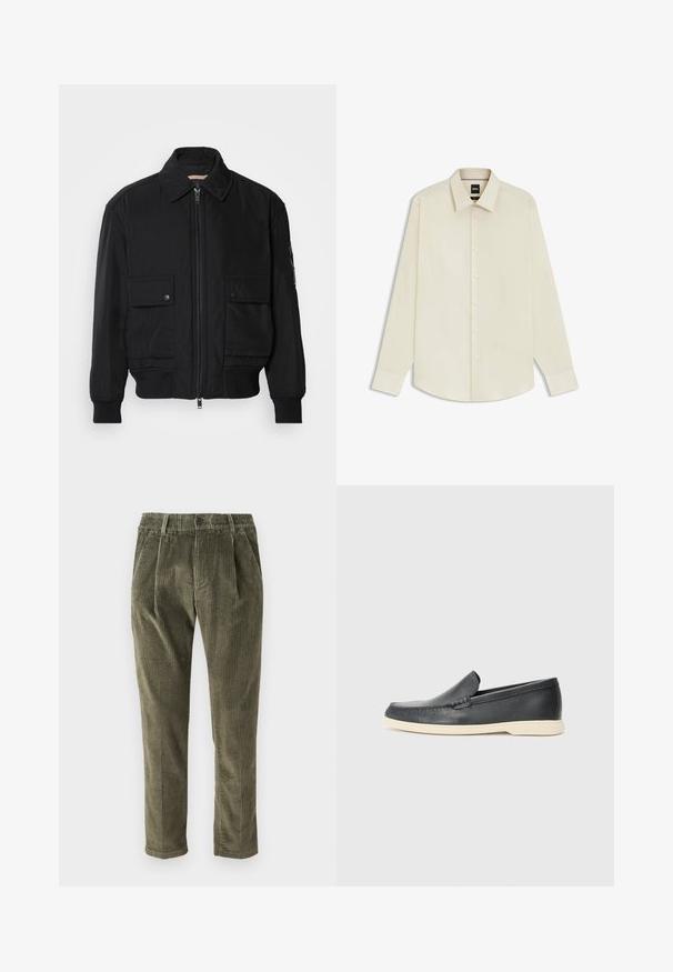 Black bomber jacket made of smooth, lightweight fabric. Features a zip front, two buttoned chest pockets, and ribbed cuffs.; BOSS JOE KENT - Formal shirt - open white eleven; Olive green corduroy pants with a button and zip fly, belt loops, and side pockets, displayed on a white background.; Black leather slip-on loafers with a textured finish and a contrasting beige rubber sole. Features a subtle accent along the front.