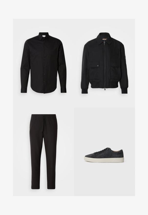 Must mustrakk musth kergestikuti kergemest kuduklett, kergete vestid valjase tormakate. Omab fasadi lukkumist, kahte nööbül pulsiv кофейня ning ribitud käiseid.; Must musta, pikkade varrukatega nööpidega särk, mis on valmistatud siledast puuvillast kangast. Omab klassikalist kaelust, esipaneeli nööpe ja kumerat äärt.; Mustad jogger-püksid, mis on valmistatud siledast kangast. Omavad elastset pihaotsikut koos paelaga, kitsenevaid jalaosi ja nähtamatuid taskuid. Lihtne disain.; Mustad nahast tossud sileda tekstuuriga, ümarate varvastega, nöörimisega disainiga ja kontrastse valge kummitaldaga.