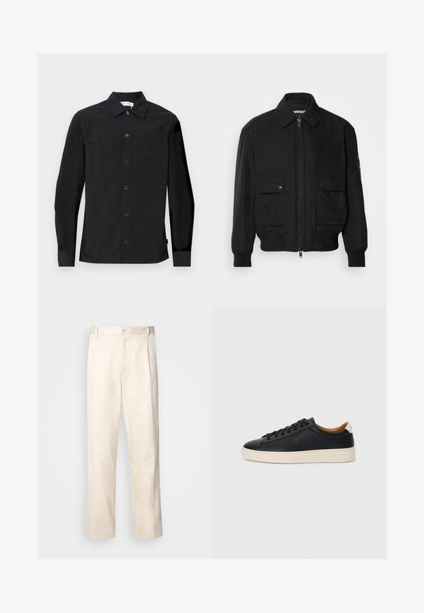 Jachetă bomber neagră, fabricată dintr-un material neted și ușor. Dispune de un fermoar frontal, două buzunare cu nasturi pe piept și manșete ribbrate.; Cămășă neagră cu mânecă lungă, cu guler ascuțit, închidere cu nasturi pe față, două buzunare pe piept și un material neted, texturat.; Pantaloni din bumbac bej, cu croială dreaptă, dotati cu închidere cu nasture și pliuri în față pentru un plus de detaliu.; Căști din piele neagră cu o textură netedă, talpă din cauciuc bej, design cu șireturi și un accent contrastant la călcâi.