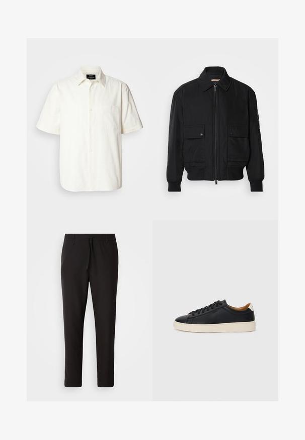 Veste bomber noire en tissu lisse et léger. Dotée d'une fermeture éclair à l'avant, de deux poches poitrines boutonnées et de poignets côtelés.; Chemise à manches courtes, boutonnée, en tissu blanc cassé avec une poche sur la poitrine gauche et un col classique. Texture lisse.; Pantalons de jogging noirs en tissu lisse. Dotés d'une taille élastique avec cordon de serrage, jambes fuselées, et sans poches visibles. Design simple.; Baskets en cuir noir avec une texture lisse, semelle en caoutchouc beige, design à lacets et accent de talon contrasté.