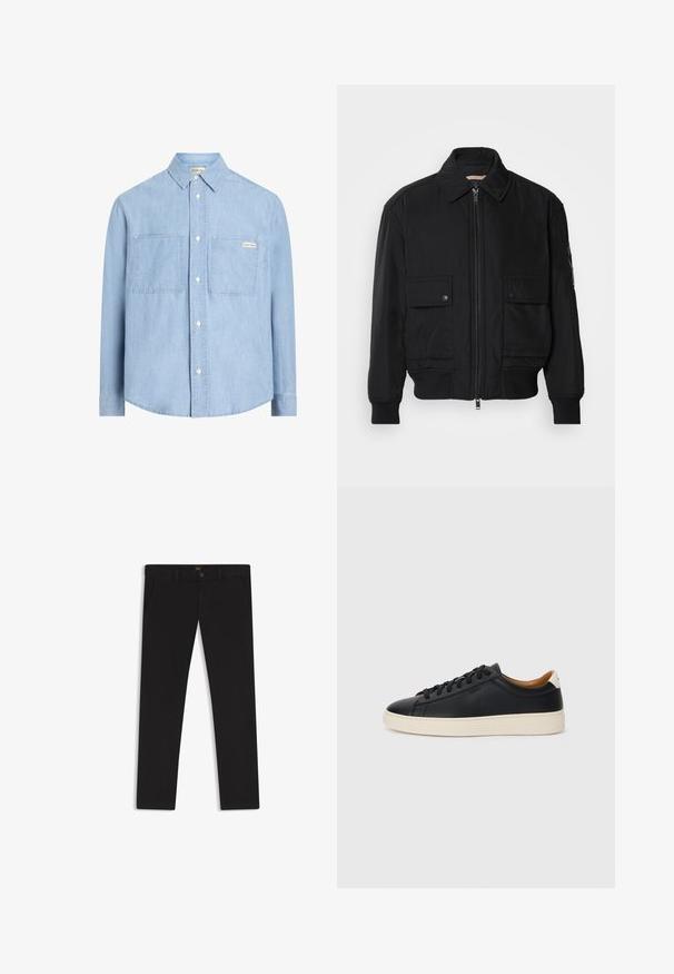 Giacca bomber nera realizzata in tessuto morbido e leggero. Caratterizzata da una chiusura con zip frontale, due tasche sul petto con bottone e polsini a costine.; Camicia button-up blu chiaro realizzata in denim, con colletto a punta, due tasche sul petto e una piccola etichetta con logo sulla tasca sinistra.; Pantaloni neri realizzati in tessuto con una superficie liscia. Presentano una chiusura con bottone, passanti per cintura e tasche laterali. Design a gamba dritta standard.; Sneakers in pelle nera con una texture liscia, suola in gomma beige, design con lacci e un accento del tacco in contrasto.