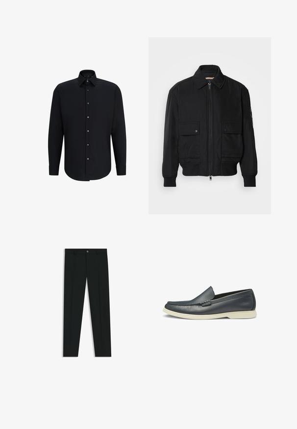 Svart bomberjacka gjord av mjukt, lättviktigt tyg. Har dragkedja fram, två knappade bröstfickor och ribbade ärmslut.; Svart långärmad skjorta i slät tyg, med spetsig krage och knäppning framtill med sex metallknappar och justerbara manschetter.; Svarta dressbyxor med rak bendesign, gjorda av ett mjukt tyg. Har stängning med frontknapp och bälteshällor. Enfärgade utan mönster.; Marina läderloafer med en slät textur, slip-on design och en kontrasterande vit gummisula. Har en dekorativ broderad detalj på ovandelen.