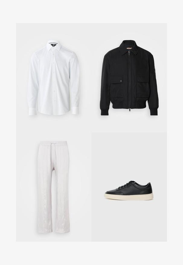 Juodas bomber stiliaus švarkas, pagamintas iš sklandaus, lengvo audinio. Su užtrauktuku priekyje, dviem kišenėmis su sagomis ant krūtinės ir guma apykaklėje.; Baltas marškinėlis su mygtukais, pagamintas iš tekstūruoto audinio, su pritaikytu dizainu. Turi ilgas rankoves, smailų apykaklę ir baltus mygtukus.; Šviesiai pilki, laisvi kelnės iš lygaus audinio su elastine juosta ir raišteliu. Tiesios kojos su nedidelėmis raukšlėmis, be matomų raštų.; Juoda žema viršutinė odinė sportbačiai su juodais raišteliais ir kreminiu padu, pateikti šoniniame profilyje ant baltos fono.